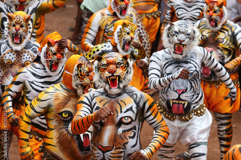 Fototapeta premium Tiger dance performers in vibrant tiger body paint and elaborate masks parade during the Onam festival in Thrissur, Kerala, India, celebrating a renowned traditional folk art