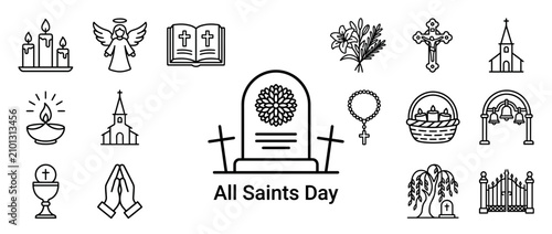 Konstfotografi All Saints Day Icon Set: Angel, Bible, Cross, Church, Candle, Gravestone