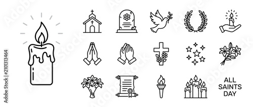 Принти на полотні All Saints Day Icons: Candle, Church, Dove, Cross, Grave, Flowers, Praying Hands