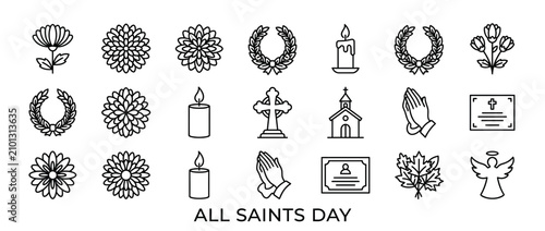 Canvas-taulu All Saints Day Icons: Flowers, Candles, Cross, Praying Hands, Church, Angel, Lau
