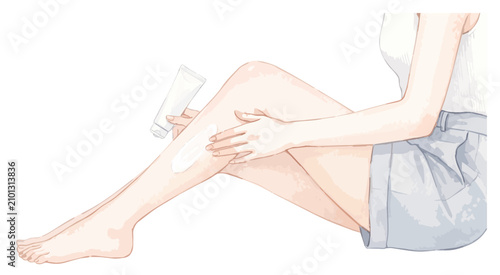 Tableau sur toile 日焼け止めを脚に塗る女性のイラスト,水彩風のスキンケア・UVカット、足にクリームを馴染ませる女性のポーズ、紫外線対策・美容販促POP素材、手描きカットイラスト,