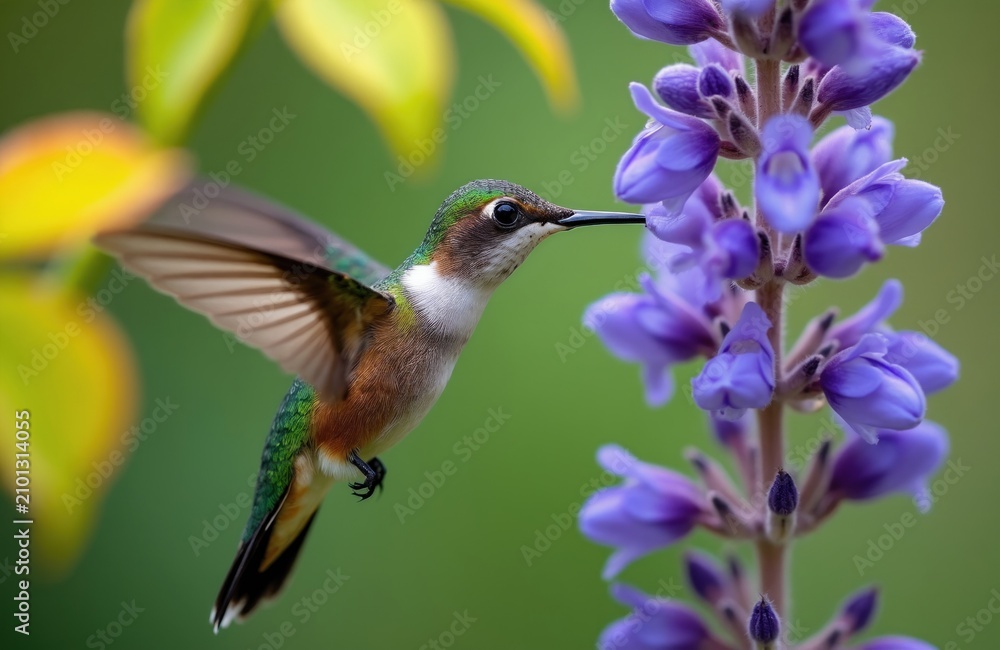 Fototapeta premium Small hummingbird hovers in air feeding on nectar from purple lupine flower petals. Tiny avian creature flaps wings near bloom in spring garden outdoors. Detailed macro view of colorful wild bird