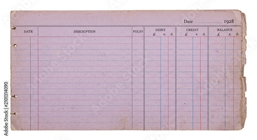 Obraz na płótnie Vintage ledger page from 1928 with ruled lines and columns for financial entries