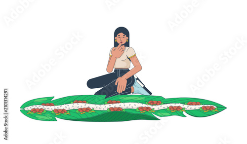 Woman enjoying nasi liwet served on banana leaves 2D cartoon character. Indonesian communal dining tradition. Southeast asian female flat vector person isolated on white. Colorful spot illustration
