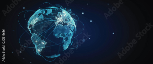 Blue Digital Earth Globe with Glowing Network Connections on Dark Background