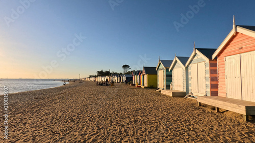 Obraz na płótnie Colorful Brighton Beach Bathing Boxes at Sunset in Victoria Australia