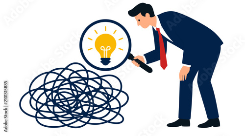 Flat Vector Illustration of a Professional Businessman in a Formal Suit Bending Over a Tangled Mess of Scribbled Lines, Using a Large Magnifying Glass to Uncover Solutions, Representing Problem