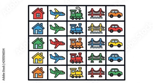 Transportation and city infrastructure icon grid in bright colors