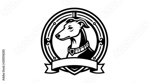 Photography Greyhound head portrait in round frame banner.