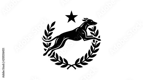 Foto Greyhound jumping with star and laurel wreath emblem.