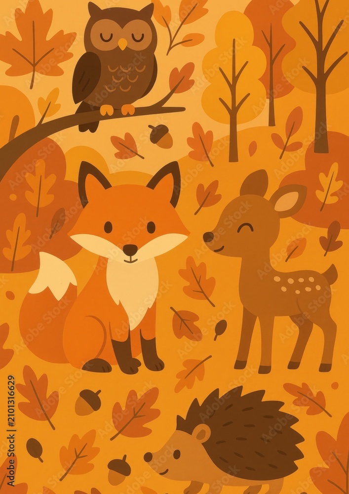 Fototapeta premium Cute woodland animals autumn illustration