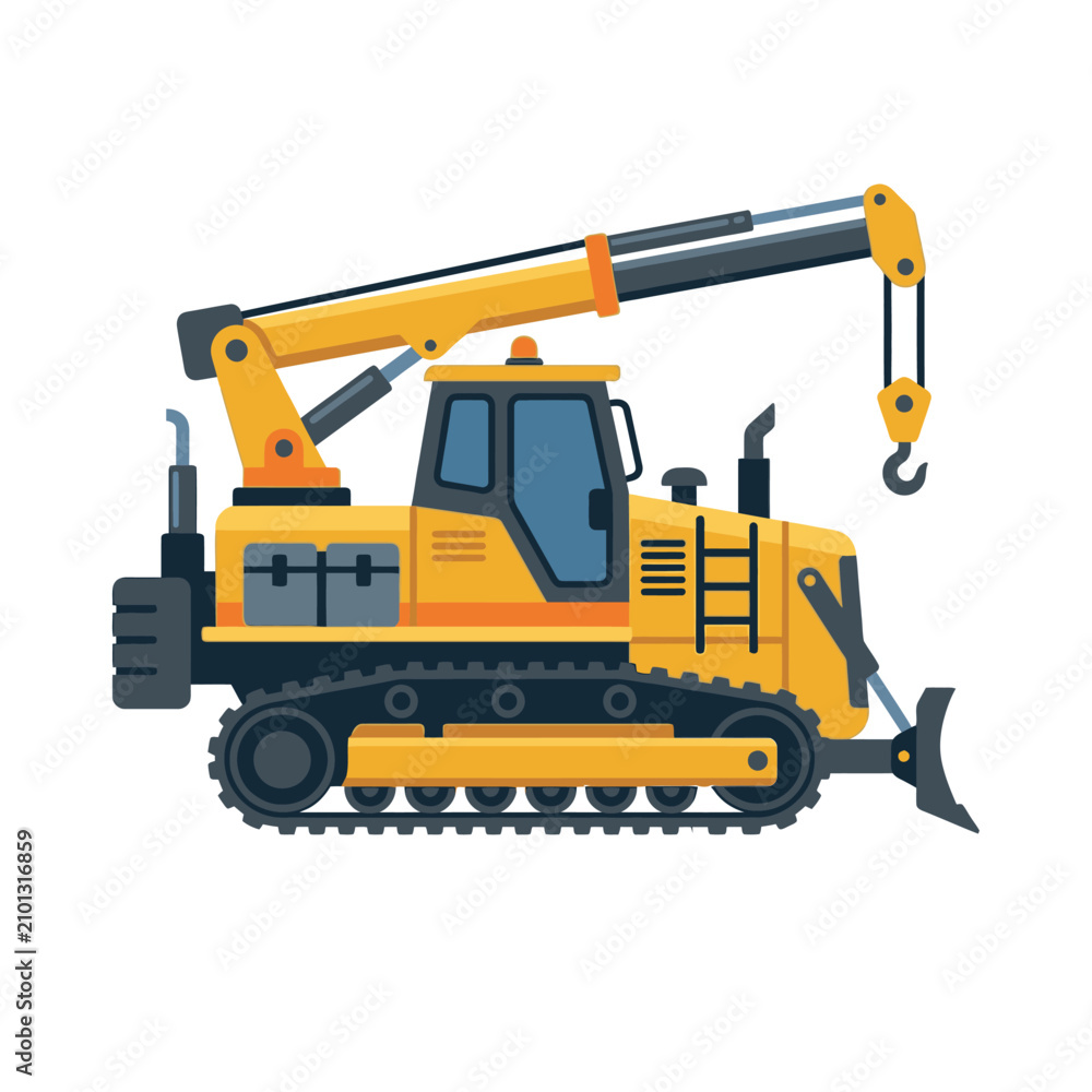 Obraz premium A yellow excavator with a long arm and hook attachment sits on tracks in a construction environment.