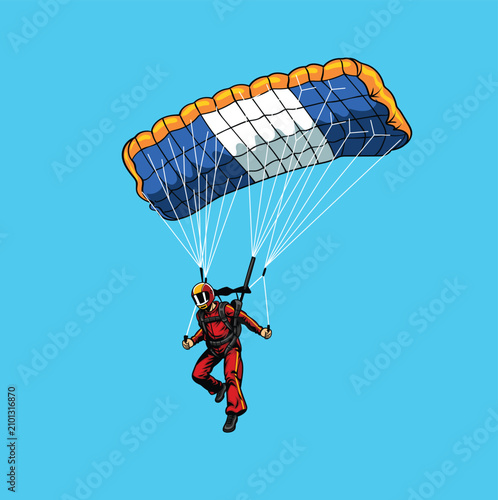 Fotografie Vintage style detailed hand drawn graphic of a skydiver in a red suit gliding do