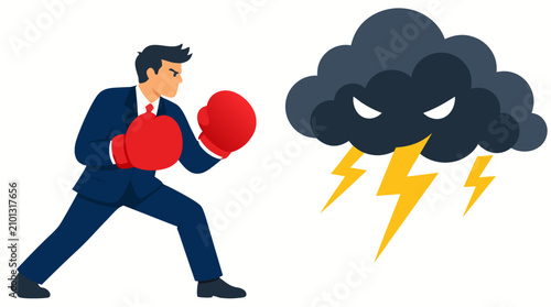 Professional Businessman Wearing Red Boxing Gloves Fighting Angry Storm Cloud with Lightning Bolts, Corporate Challenge and Crisis Management Concept, Bold Flat Vector Illustration