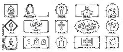 Canvas Print All Saints Day Icons Set: Lantern, Gravestone, Candle, Church, Prayer, Torch, Tr