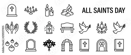 Fotografie All Saints Day Icons: Tombstone, Candles, Doves, Flowers, Bible, Lantern