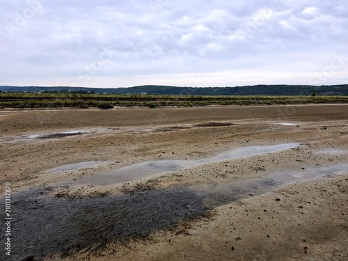 Muddy landscape of Secovlje salt pans under cloudy sky, Slovenia