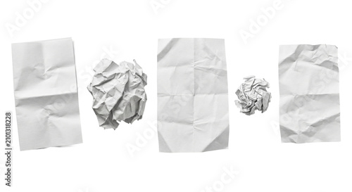 Canvas Print Collection of crumpled and folded white paper sheets on a white background