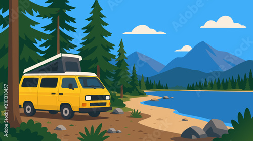 Vibrant Yellow Camper Van Parked at Picturesque Lakeshore with Pine Trees and Majestic Mountain Backdrop, Summer Road Trip Adventure, Flat Vector Illustration for Travel and Outdoor Lifestyle Design