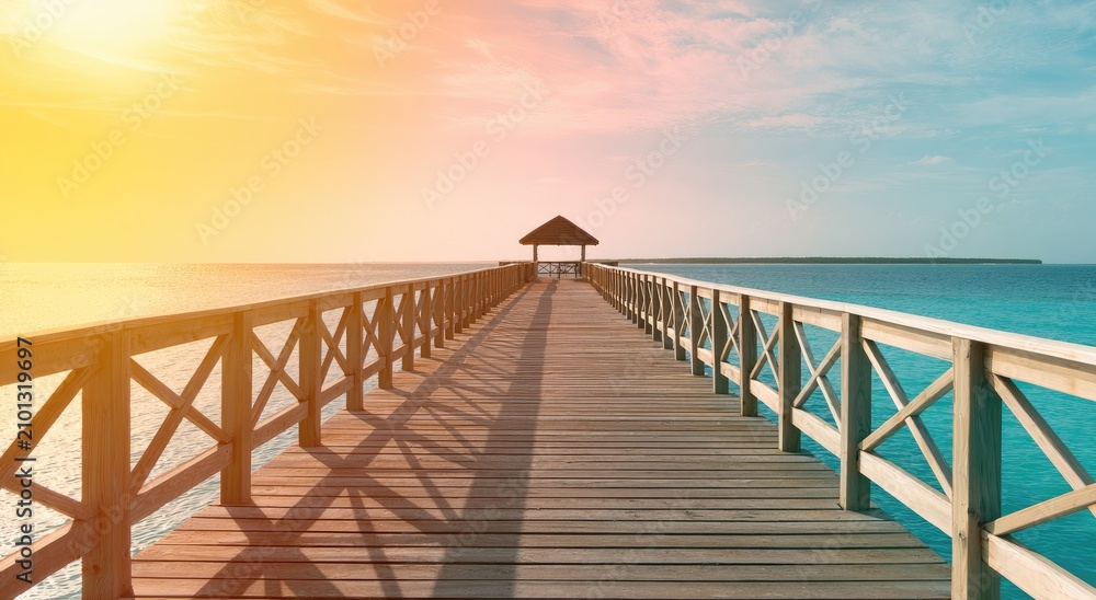 Fototapeta premium Sunlit wooden pier leads to open ocean gazebo under colorful sky