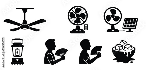 Slika na platnu Summer cooling icons set, electric ceiling and desk fans, solar powered ventilat