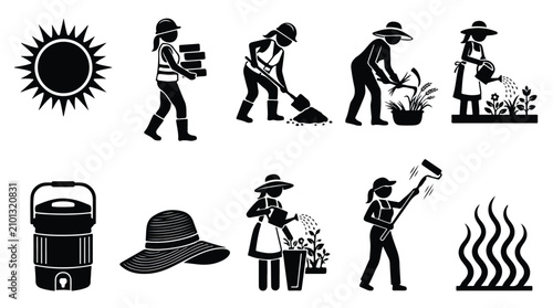 Photography Gardening and farming icon set, female farmer silhouettes working in agriculture