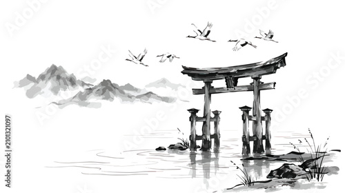 Quadro su tela Japanese sumi-e ink painting of a torii gate in water, traditional zen landscape