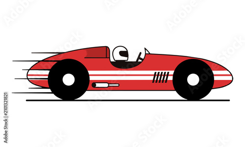 Side profile of a vintage open-wheel race car with speed lines in red and white on a solid white background, high speed racing concept