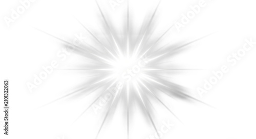 Fotografie Bright starburst effect with glowing light rays and lens flare on white backgrou