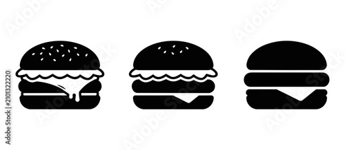 Set of three black and white flat vector burger icons fast food silhouette illustrations for menu design cheeseburger hamburger sandwich culinary
