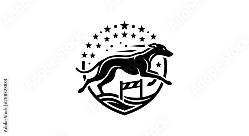 Foto Jumping greyhound circle logo with stars and mountains.