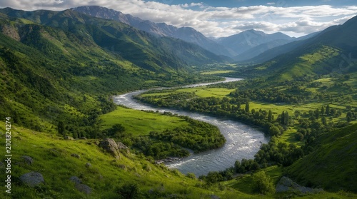 A broad green mountain valley with a winding river, meadows, forests, and layered peaks under dramatic clouds suits eco travel and outdoor adventure promotion.