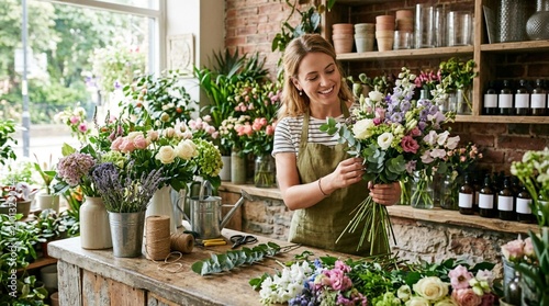 Smiling florist arranging a pastel bouquet in a bright flower shop, ideal for promotions about local florists, handmade gifts, weddings, and small business.