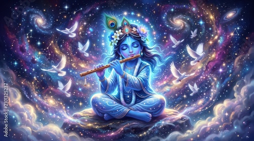 Little Krishna playing flute in deep space with glowing cosmic nebulae