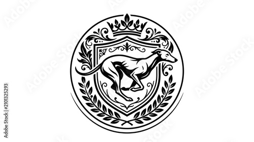 Fotografi Ornate circular greyhound crest with crown and filigree.