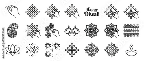 Diwali Celebration Icons: Kolam Art, Diyas, Lotus, Paisley, Hand Drawing