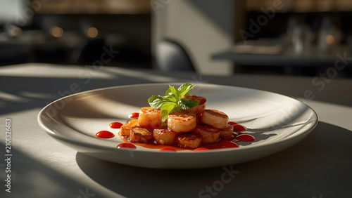 Gourmet Shrimp Dish with Red Sauce and Fresh Mint Garnish on White Plate