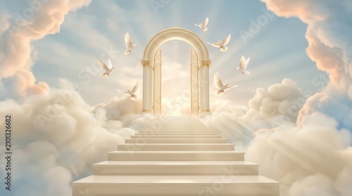 Heavenly gates open wide with majestic stairs and white doves flying in radiant light.