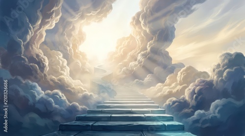 Stone stairs ascending into luminous sky through swirling clouds and divine light rays.