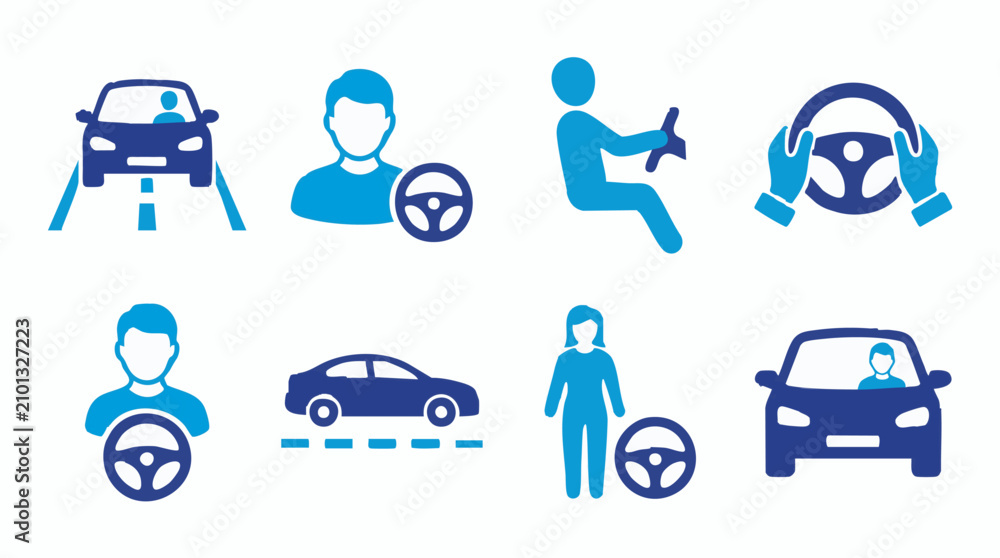 Fototapeta premium Driving and automotive related blue icons set on white background