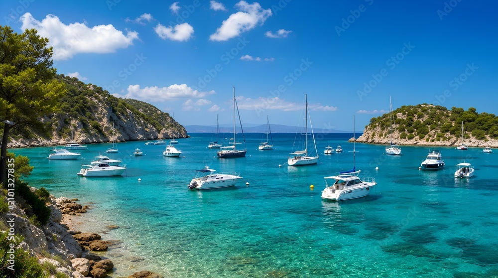 Fototapeta premium Sailboats and motor yachts rest in a turquoise Mediterranean cove between rocky pine covered hills, ideal for promoting luxury travel and summer sailing vacations.