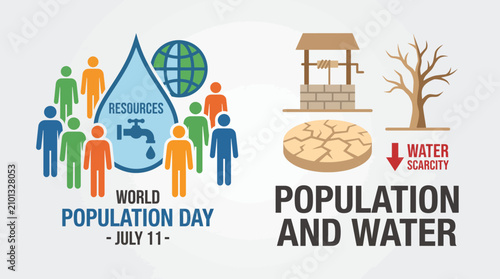 Foto World Population Day Water Scarcity And Population Resources Flat Vector Illustr