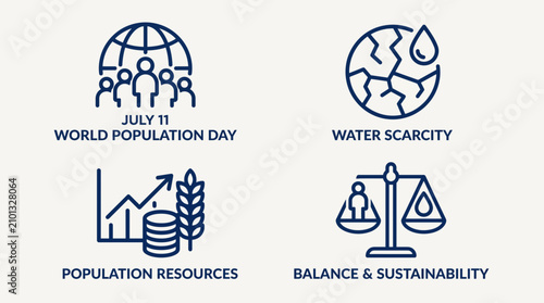 Tableau sur toile World Population Day Water Scarcity And Population Resources Line Icon Set