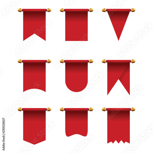 Bild auf Leinwand Red Hanging Banner Collection Set with Blank Pennant Templates Vector Illustrati
