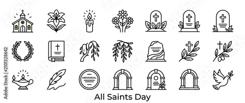 Fotografie Funeral Icons Set: Grief, Memorial, Remembrance, Dove, Candle, Church, Tombstone