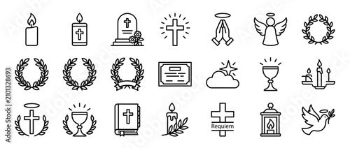 Картината върху платно Funeral Icons Set: Candle, Cross, Tombstone, Angel, Dove, Bible, Wreath, Requiem