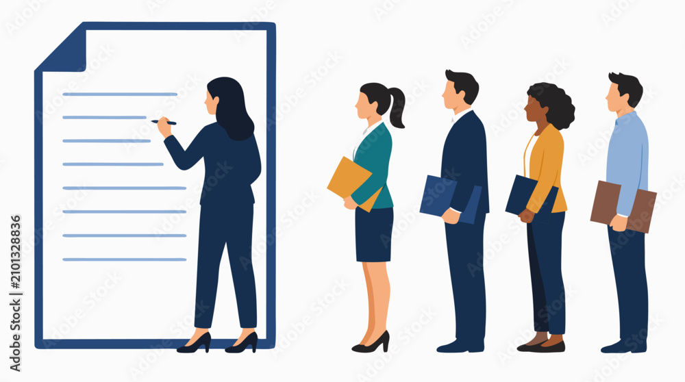Fototapeta premium Professional Businesswoman Writing on Large Document While Diverse Line of Job Applicants Wait with Folders, Corporate Hiring Process, Recruitment Interview, Flat Bold Color Vector Illustration
