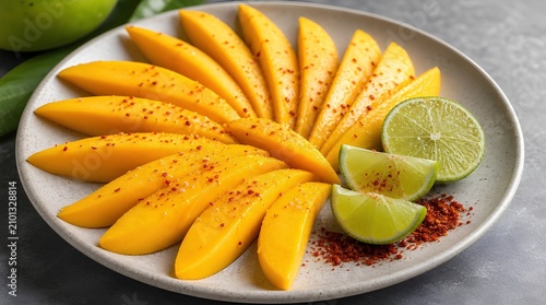 Fresh mango slices arranged on a ceramic plate with lime wedges and red chili flakes, ideal for tropical snack, healthy dessert, or spicy fruit menu promotion.