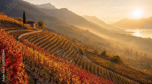 Terraced vineyard rows glow with autumn colors beside a small hillside house and lake at sunset, suited for travel, wine tourism, and rural landscape marketing.