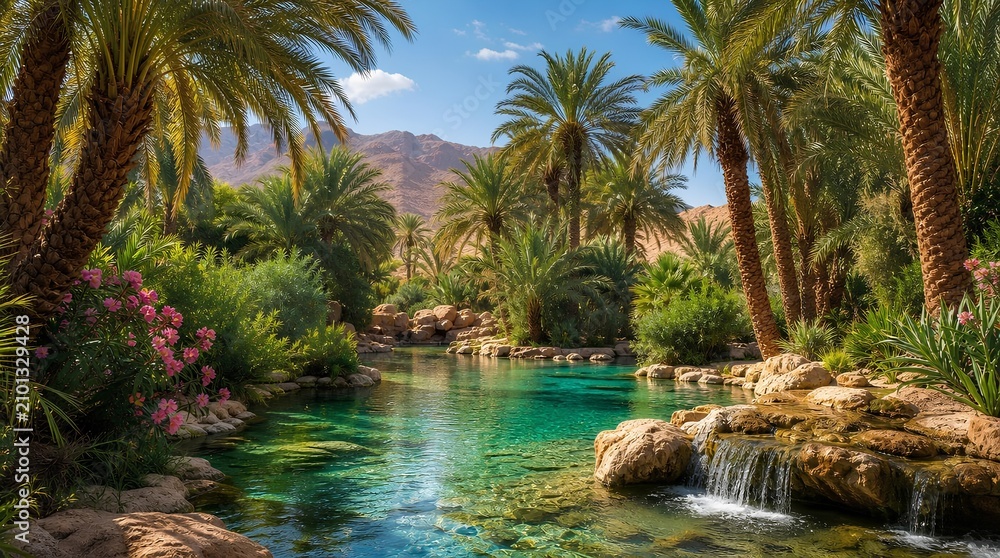 Fototapeta premium A clear turquoise oasis with palm trees, rocks, flowers, and a small waterfall sits below desert mountains, perfect for travel, resort, or tropical escape promotions.